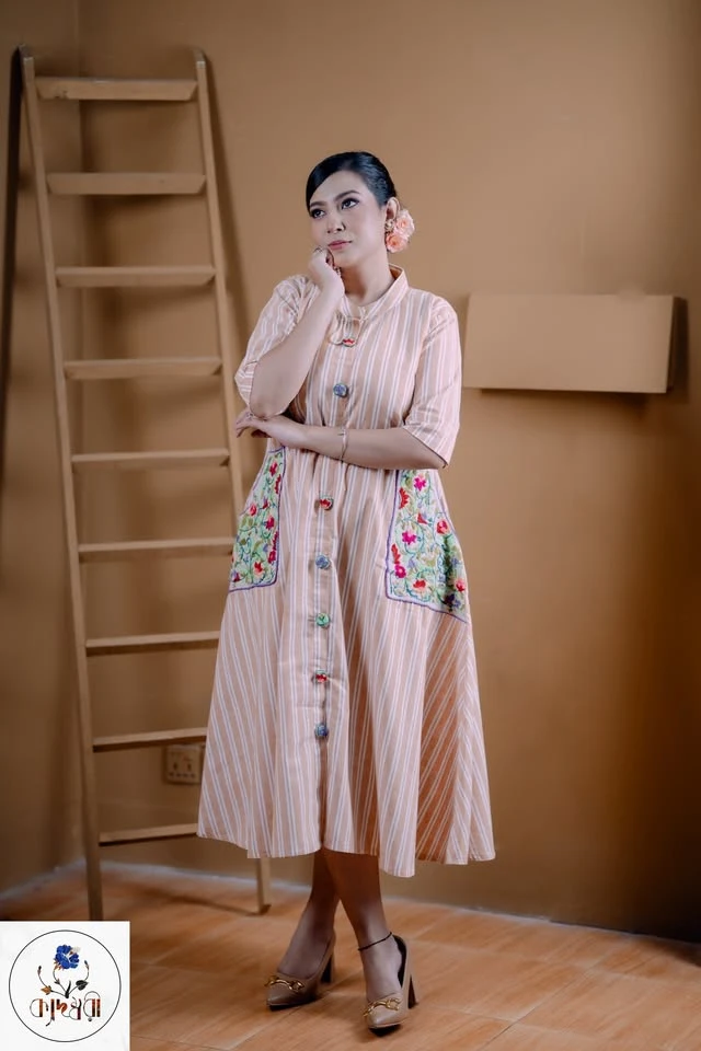 light salmon and offwhite,  Hand-Stitched Cotton Kurti