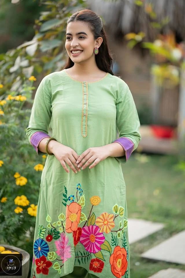Green, Hand-Stitched Cotton Kurti and paizama