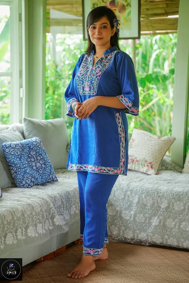 Blue, Hand-Stitched Cotton semi long Kurti
