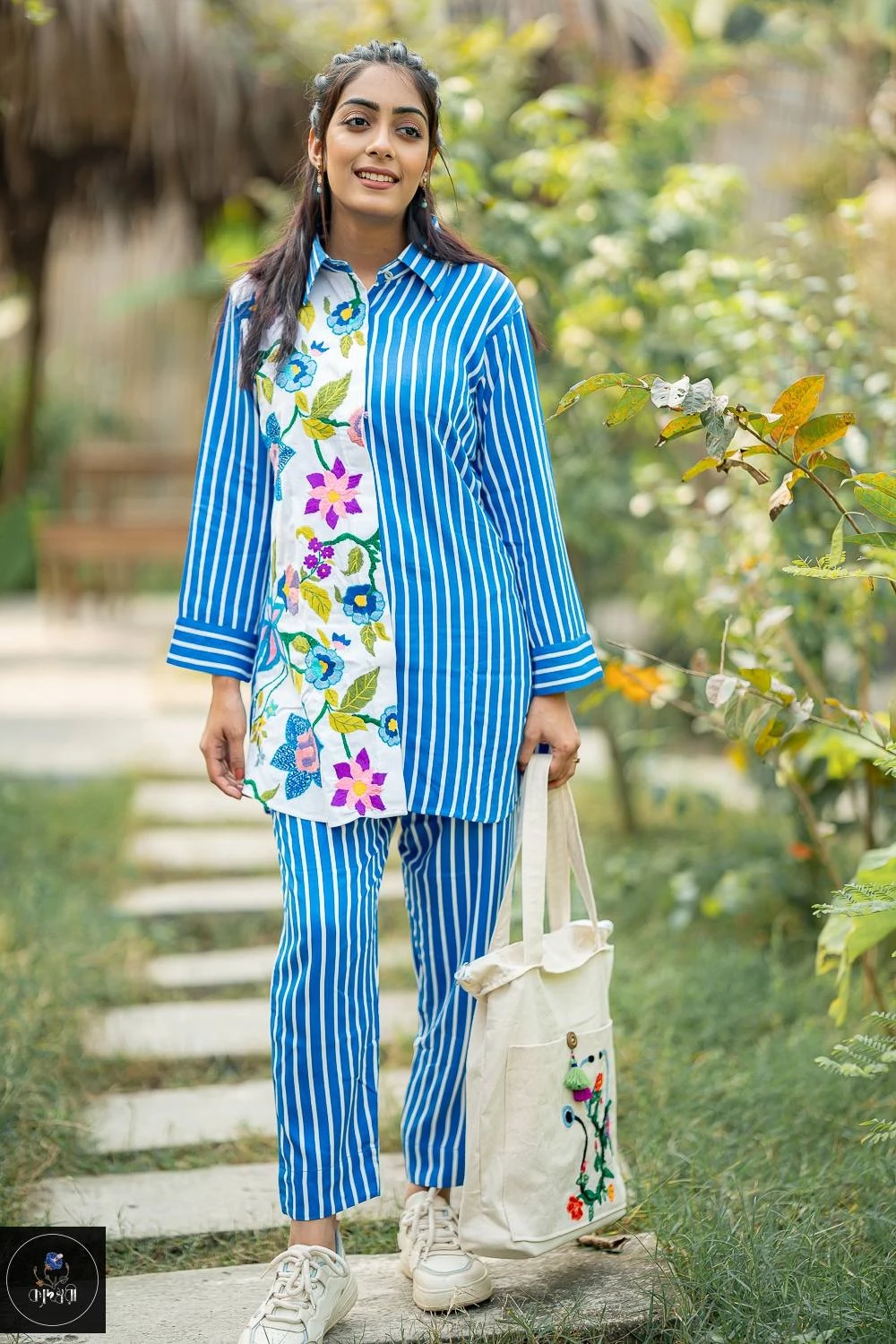 White and Blue strip, Hand-Stitched Cotton Shirtand pant