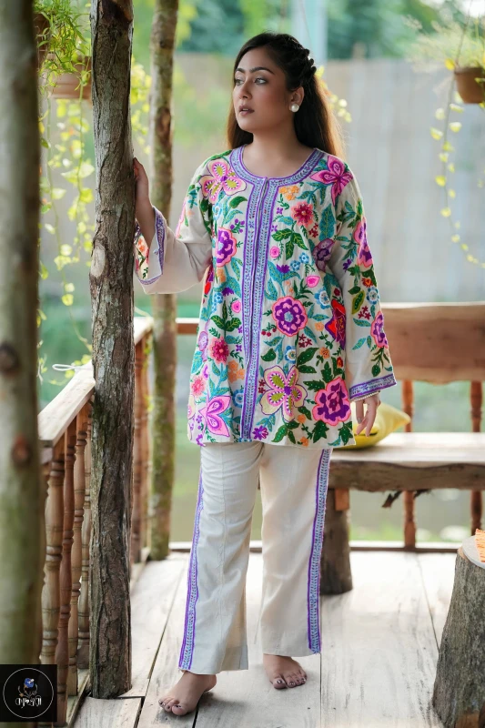 Beige colour, Hand-Stitched Cotton semi long Kurti