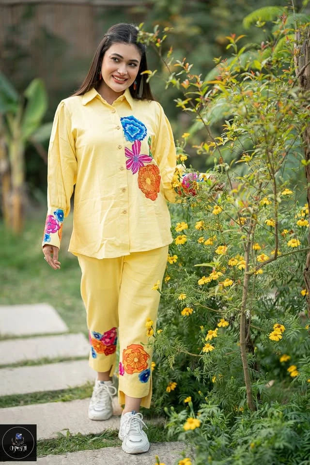Light yellow, Hand-Stitched Cotton Shirt and pant